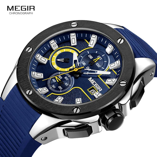 MEGIR Men's Sports Chronograph Quartz Watches Silicone Strap Luminous Waterproof Army Military Wristwatch Man Relogios 2053 Blue