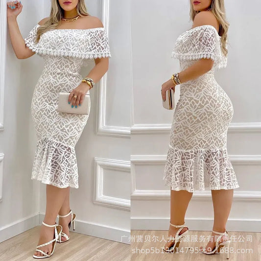 White Elegant Lace Off Shoulder Dresses for Women 2022 Summer New High Waist Ruffle Slim Dress Fashion Casual Office Lady
