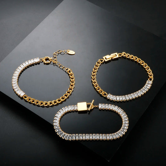 Luxury Cubic Zirconia Paneled Cuban Chain Bracelet 316L Stainless Steel White Square Crystal Bracele For Women Jewelry Wholesale
