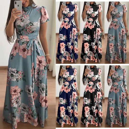 2023 Autumn New European and American Flower Print Short Sleeve Large Swing Dress for Women