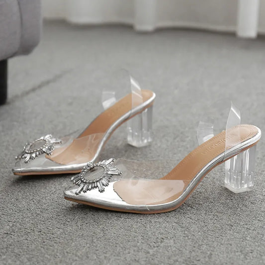 2022 Summer Transparent High Heels 7cm Sandals Women's Sexy Slip-on Pointed Toe Pumps Shoes Fashion Comfort Silver Party Sandals