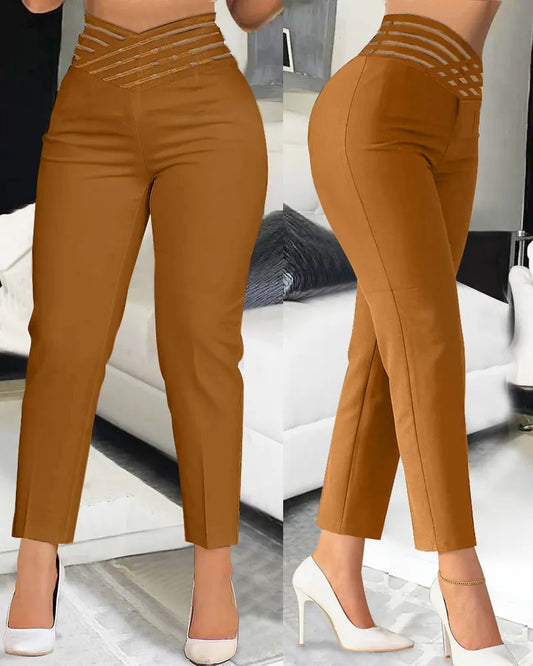 Summer Pants for Women Loose Fashion Overlap Waist Hollow Out Work Pants Spliced Solid Color Thin Feet Capris Office Lady