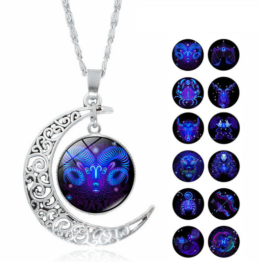 12 Zodiac Signs Necklace Twelve Zodiac Signs Time Gem Moon Glass Pendant Necklace